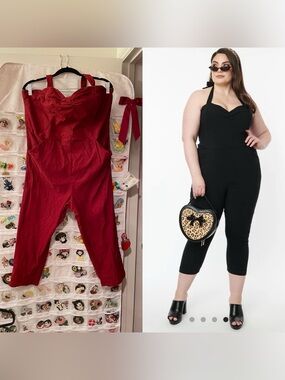 Unique Vintage Plus Size 1950s Burgundy
Halter Marcel Jumpsuit size 2X
